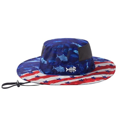 BASSDASH UPF 50+ Fishing Sun Hat Water Resistant Unisex Wide Brim Bucket Boonie Hat for Hiking Camping Safari FH15 - color: Americana, size: Large