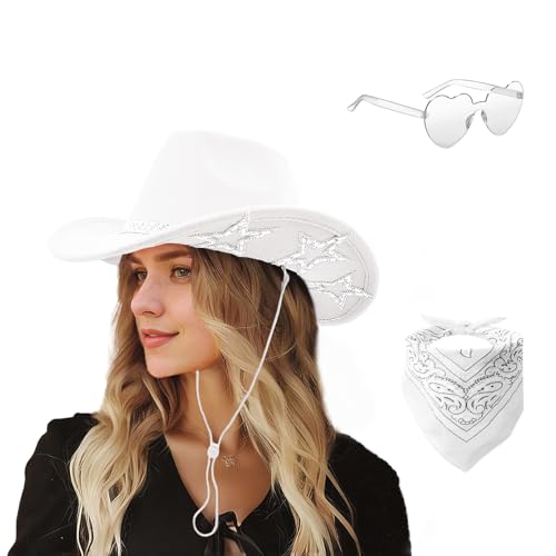 SHENYI Cowgirl Hat and Bandana and Heart Sunglasses Glitter Rhinestone Star Cowboy Hat Western Sparkly Hats for Women Men - color: White