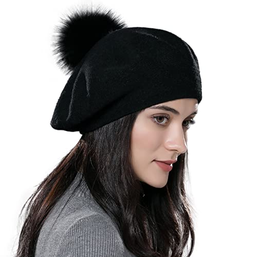 Womens Winter Beret Hat Knitted Beanie Cap Autumn Winter Hat French Classic Beret - color: Black+raccoon Black Pom