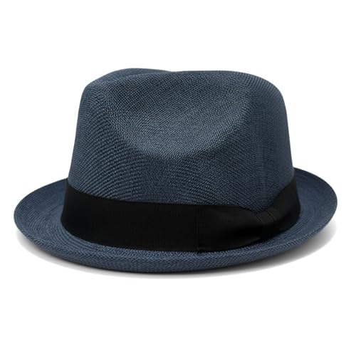 Funky Junque Men's Panama Porkpie Fedora, Linen Summer Beach Hat - color: Deep Blue, size: Small-Medium