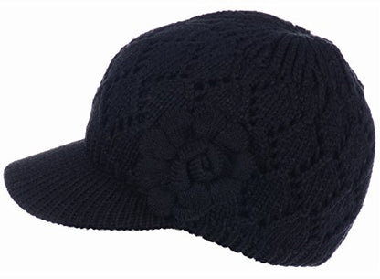 BYOS Womens Winter Chic Cable Warm Fleece Lined Crochet Knit Hat W/Visor Newsboy Cabbie Cap - color: Diamond Pattern W/ Flower Black