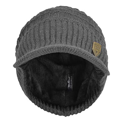 Women's Soft Knitting Visor Beanie Winter Hat with Brim Fleece Lining Baseball Cap - color: Gray