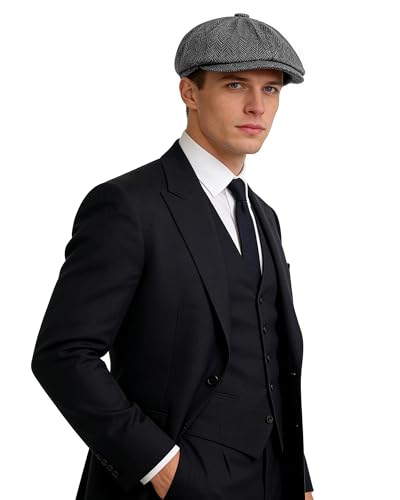 Adult 1920s Newsboy Cap for Men British Gangster Style Costume Baker Wool 8-piece Cap Halloween - color: Grey Herringbone, size: L (23.6")