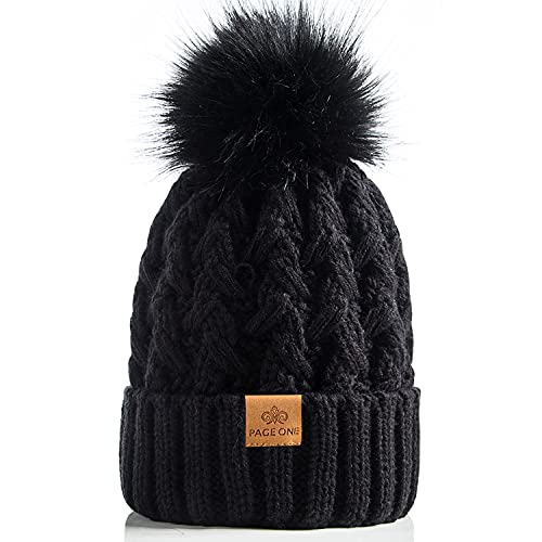 PAGE ONE Womens Winter Ribbed Beanie Crossed Cap Chunky Cable Knit Pompom Soft Warm Hat - color: Black