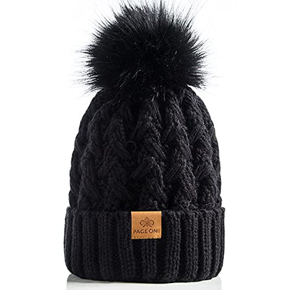 PAGE ONE Womens Winter Ribbed Beanie Crossed Cap Chunky Cable Knit Pompom Soft Warm Hat - color: Black