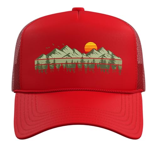 Trees Landscape Mountains Vintage Forest Trucker Hat with Adjustable Mesh Back - color: Red