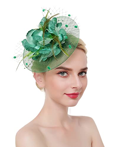 JWICOS Fascinators Hat for Women 50s Flower Hat with Veil Cocktail Wedding Tea Party Church Derby Hat - color: Green
