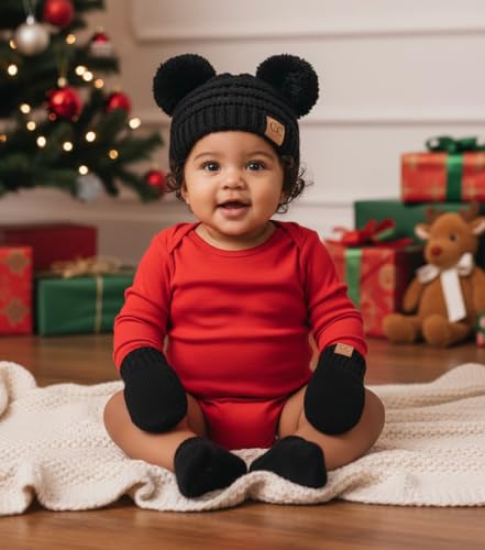 Funky Junque Baby Double Faux Fur Pom Pom Beanie & Mittens Set – Newborn Infant 0–9 Months Winter Hat with Soft Lined Mittens - color: Black (0-9 Months)