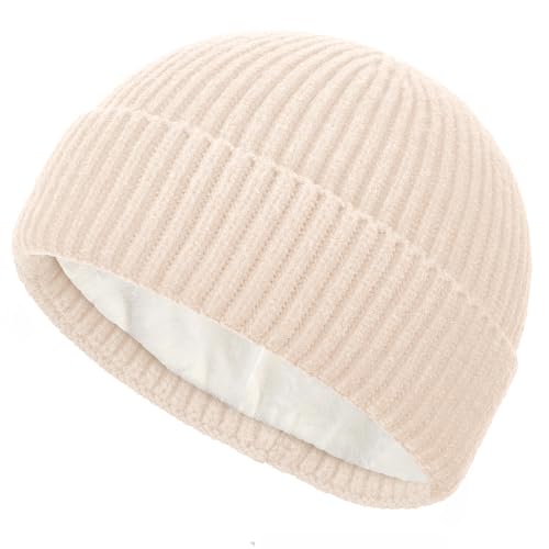 Short Wool Fisherman Beanie for Men Women Fleece Lined Winter Hat - color: 1pcs Beige