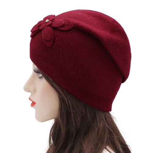 ZLYC Women Floral Slouchy Beanie Hat Double Layer Winter Knit Skull Cap - color: Butterfly Red