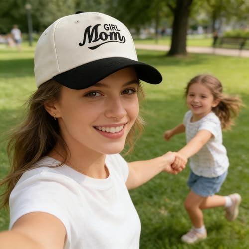 Embroidered Baseball Cap, Cotton Dad Hat, Fun & Heartfelt Stitching, Adjustable Casual Outdoor Hat for Men Women - color: Girl Mom - Black/Beige