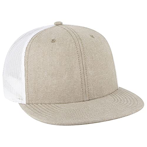 Ashen Fane 6 Panel Mid Profile Mesh Back Structured Trucker Adjustable Snapback Hat - color: Chambray Khaki/White