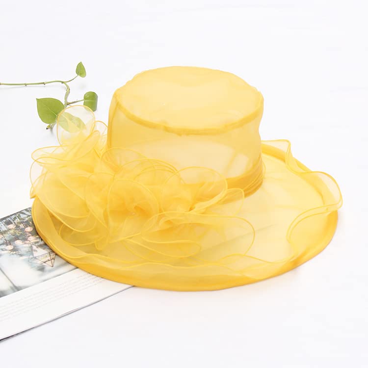Women's Kentucky Derby Church Dress Hat Wide Brim Leaf Flower Bridal Shower Hat - color: G7 Yellow