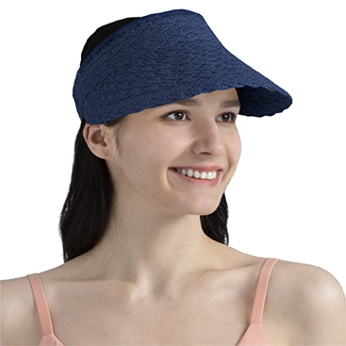 SUN CUBE Women Sun Visor Hat, Straw Beach Hat Wide Brim UV Protection, Foldable Packable Cap, Roll Up Ponytail Summer Visor - color: Navy