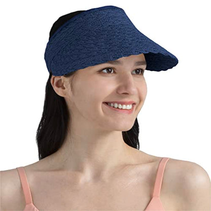 SUN CUBE Women Sun Visor Hat, Straw Beach Hat Wide Brim UV Protection, Foldable Packable Cap, Roll Up Ponytail Summer Visor - color: Navy