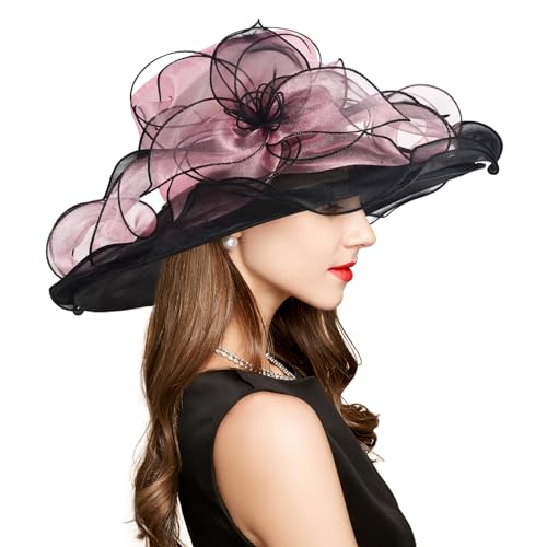 2026 Derby Hats for Women Ladies, Classy Organza Sun Hat, Church Tea Party Wedding Kentucky Fascinator Hat - color: J-2462-pink Black