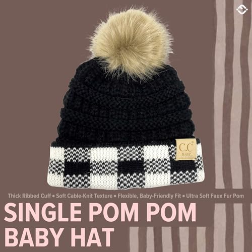 Funky Junque Baby Pom Pom Beanie – Soft Knit Infant Winter Hat for Baby Girls & Boys, Cozy Warm Newborn Beanie 0–12 Months - color: Buffalo Check - Black/White