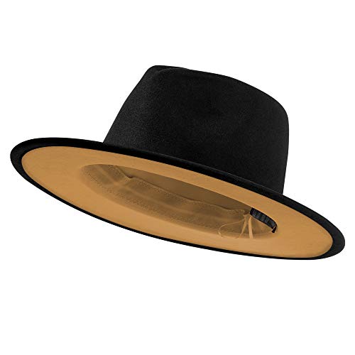 jingsha Fedora Hats for Men & Women Wide Brim Fedora Felt Panama Hat Men's Dress Hats with Belt Buckle - color: Black-khaki(inside), size: Medium