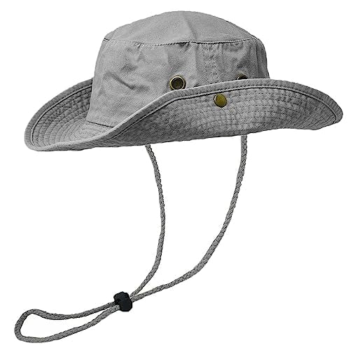 Glory Max Washed Cotton Bucket Hat with Chin Strap Fishing Sun Safari Boonie Cap - color: Gray, size: Small-Medium