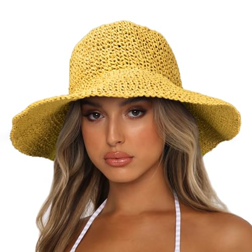 Womens Sun Hats Wide Brim Summer Beach Hat for Women Foldable Travel Straw Hat UPF50+ - color: A-yellow