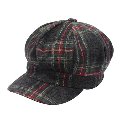 ZLYC Women Classic Newsboy Cap Visor 8 Panel Gatsby Cabbie Paperboy Hat - color: Tartan Plaid Dark Gray