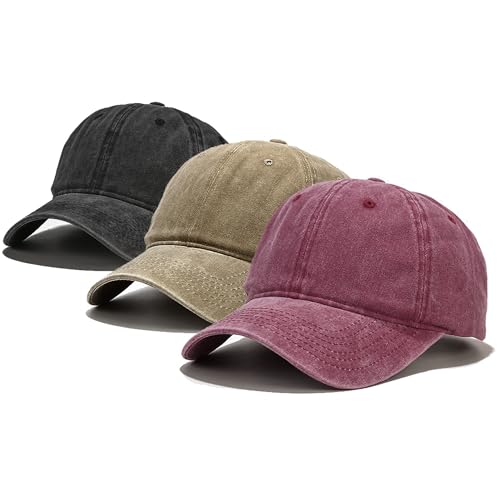 Baseball Cap 3 Pack, Vintage Distressed Cotton Dad Hats for Women Men - color: Black, Burgundy, Khaki