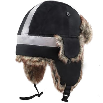 Faux Fur Safety Reflective Plain Plaid Aviator Trapper Hat Snow Ski Trooper Winter Cap - color: 1. Reflective - Black, size: Small-Medium