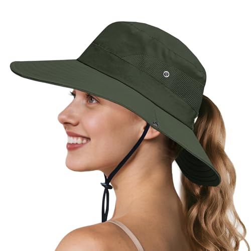 NPQQUAN Ponytail Sun Hats for Women UPF 50+ Wide Visor UV Protection Hat - color: Pure Darkgreen(ponytail Hole)