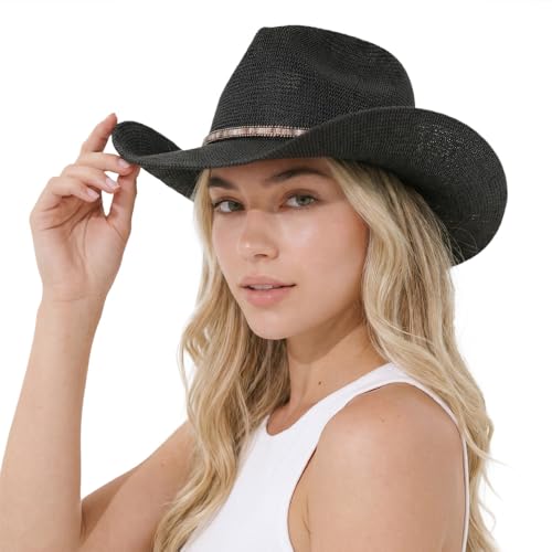C.C Knitted Cowboy Hat for Women Lightweight Woven Western Hat with Multicolor Trim Band, Wide Brim Summer Sun Hat - color: Black