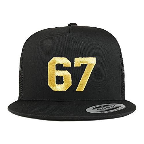 Trendy Apparel Shop Number 67 Gold Thread Embroidered Flat Bill 5 Panel Trucker Cap - color: Black
