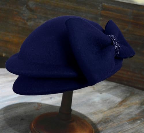 Women's Vintage 100% Wool Felt Cloche Bucket Bowler Hat Winter Vintage Bow Fedoras Church Derby Fascinator Hat - color: B9-navy
