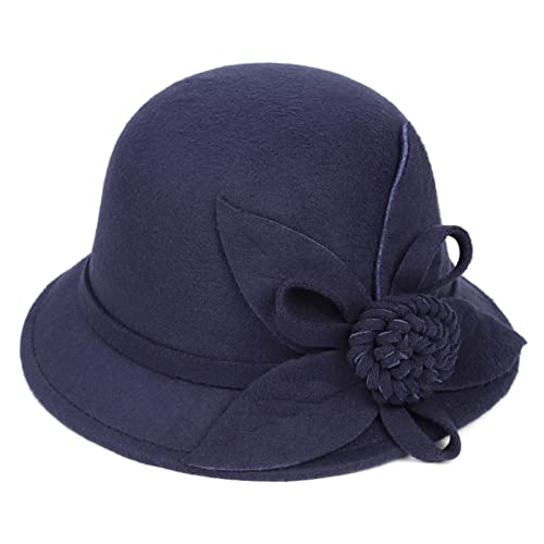 Ladies Wool Felt Bucket Hat Women Vintage Cloche Fedora Winter Church Bowler Hat with Bow - color: Navy Rose
