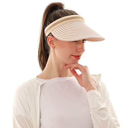 Women Summer Sun Hat Lady's Portable Beach Visor Bowknot Straw Hat - color: Pink Stripe