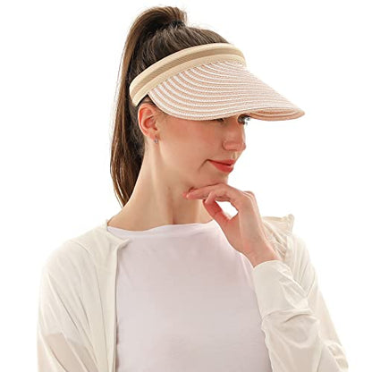 Women Summer Sun Hat Lady's Portable Beach Visor Bowknot Straw Hat - color: Pink Stripe