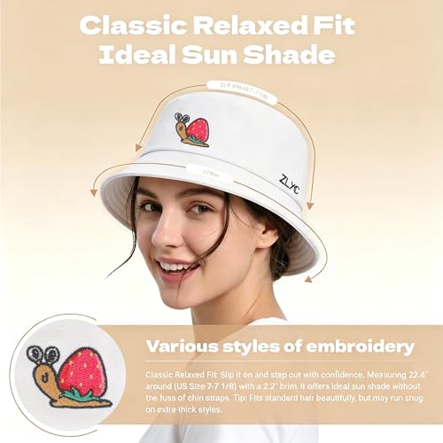 ZLYC Cotton Bucket Hat for Women Men Embroidered Packable Summer Sun Cap - color: Snail Strawberry White
