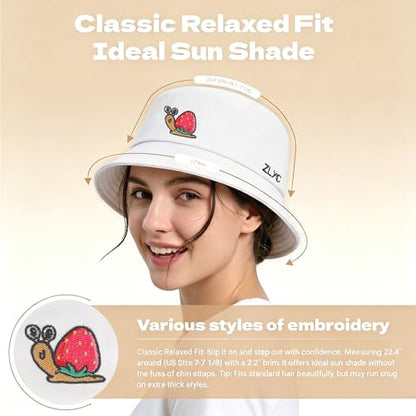 ZLYC Cotton Bucket Hat for Women Men Embroidered Packable Summer Sun Cap - color: Snail Strawberry White