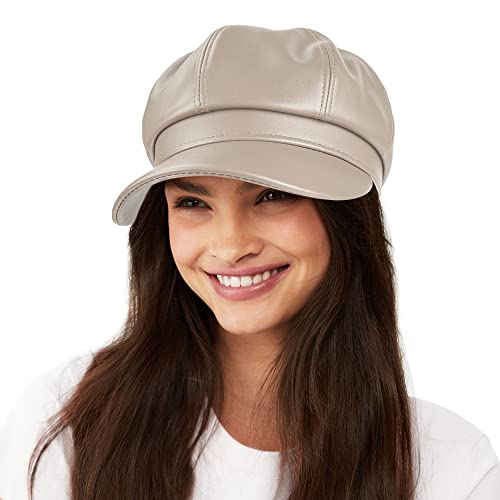 Womens PU Leather Newsboy Cap Paperboy Newsie Cap Bakerboy Beret Cabbie Hat - color: Beige