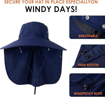 Mens Women Fishing Hat UPF 50+ Wide Brim Sun Hat with Face Cover & Neck Flap - color: Navy