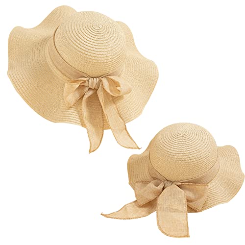 2 PCS Parent-Child Straw Hat Wide Brim Bowknot Cap Beach Sun Hat for Girls Women - color: Wave Pricot
