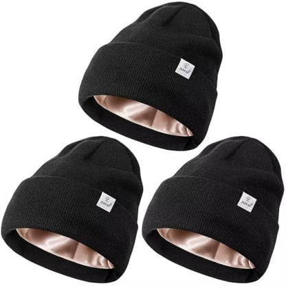 3 Pack Satin Lined Winter Beanie Hats for Women Men,Silk Lined Womens Beanies Knit Soft Warm Cuffed Hat - color: Black+black+black