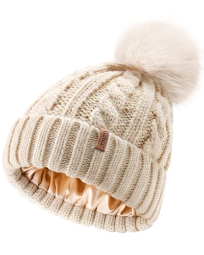 FURTALK Satin Lined Winter Hat for Women Knit Warm Beanie with Pom Pom - color: Beige