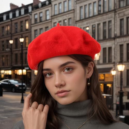 French Beret Hats for Women - Classic Wool Beret Hats Soft Knit Winter Cloche for Daily Outfits - color: Red