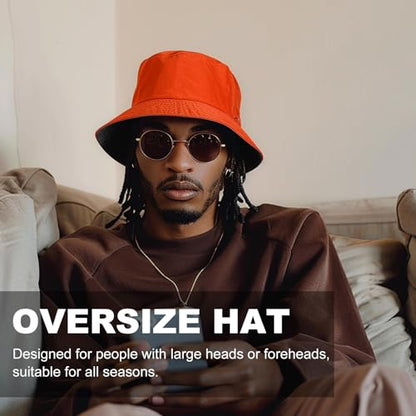 Oversize XXL Bucket Hat, Reversible Cotton Fisherman Hats, Unisex Double Side Wear Bucket Sun Hats with Chin Strap - color: Black-orange, size: X-Large