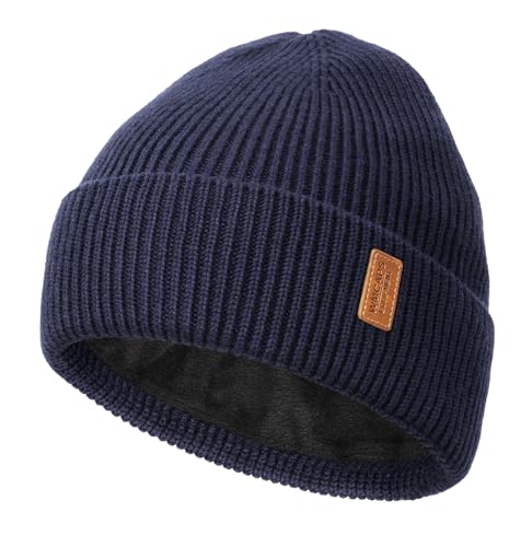 Wmcaps Merino Wool Fleece Lined Beanie Warm Winter Hats for Men Women - color: Navy Blue
