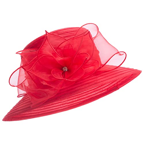 Womens Wedding Occasion Floral Wide Brim Church Dressy Sun Hat A323 - color: Red