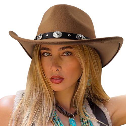 DRESHOW Women Men Classic Felt Wide Brim Western Cowboy & Cowgirl Cap Belt Buckle Retro Panama Hat Unisex Rolled up Caps - color: 1 Pack Style 1: Brown (Hat Circumference: 22-22.8")