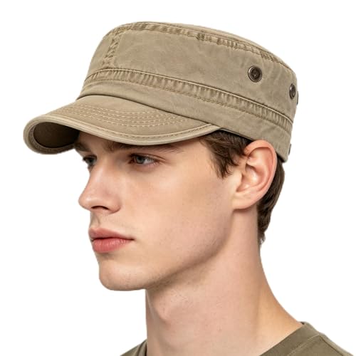 Flat Top Cadet Cap, Unisex Military Style Baseball Hat, Classic Army Cap for Men Women Daily Outdoor Street Wear - color: Khaki