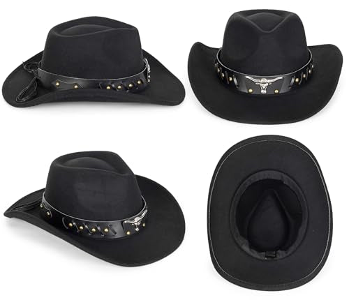 Western Cowboy Hat for Men Women Classic Fedora Cowgirl Hats Buckle Belt - color: Bull-head Cowboy Hat