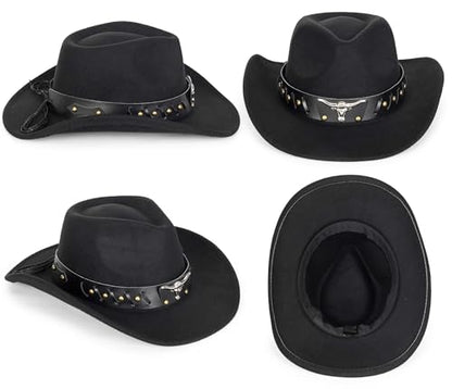 Western Cowboy Hat for Men Women Classic Fedora Cowgirl Hats Buckle Belt - color: Bull-head Cowboy Hat