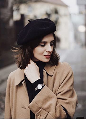 Women French Wool Beret Hats - Solid Color Classic Beanie Winter Cap - color: Thicker-black
